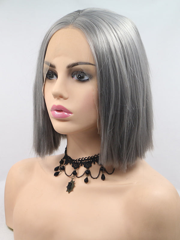 Grey Straight Bob Style Synthetic Lace Front Wigs
