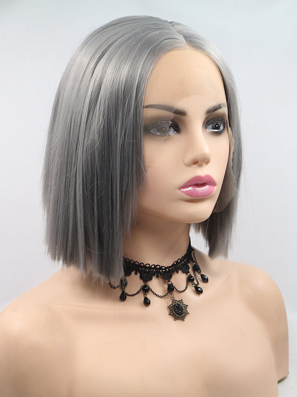Grey Straight Bob Style Synthetic Lace Front Wigs