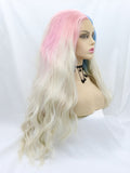 Pink mixed Blue Blonde Ombre Wavy Synthetic Lace Front Wig