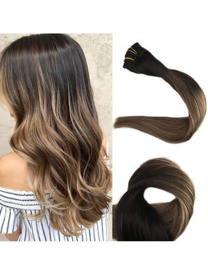 Ombre black Blonde brown Clip in Hair Extensions #1B/#6/#27