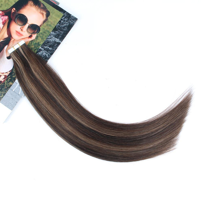 Tape In Hair Extension P #2/#4/#6 Dark Brown Highlights Chestnut Brown