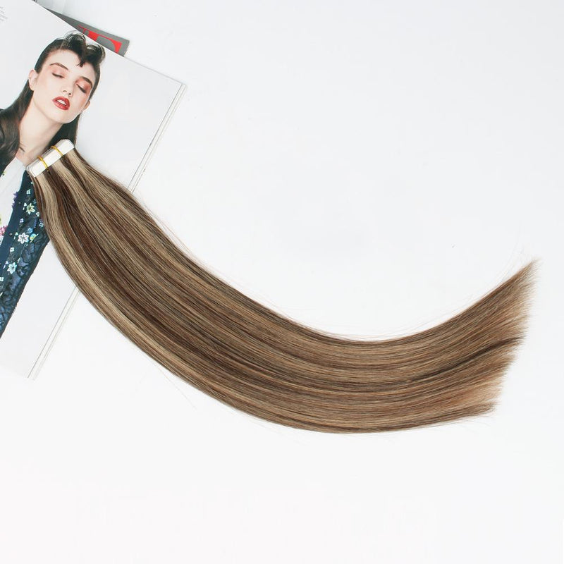 Tape In Hair Extension P #3/#12 Medium Brown Highlights Golden Brown